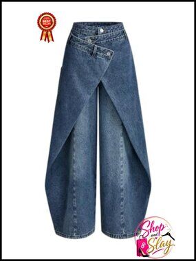 Wide Leg Cargo Jeans Wrap-Front Layered High Waist Long Denim Pants